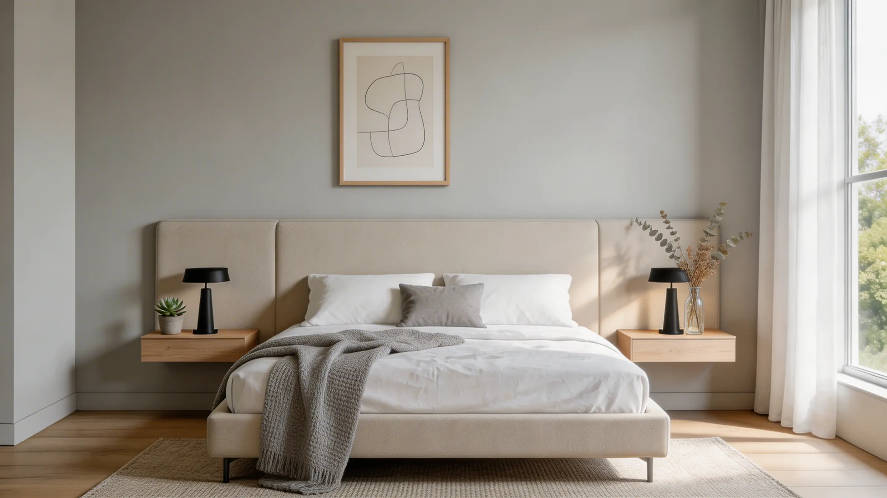 minimalist wall-mounted headboard creating a clean, sleek look for a balanced bedroom space