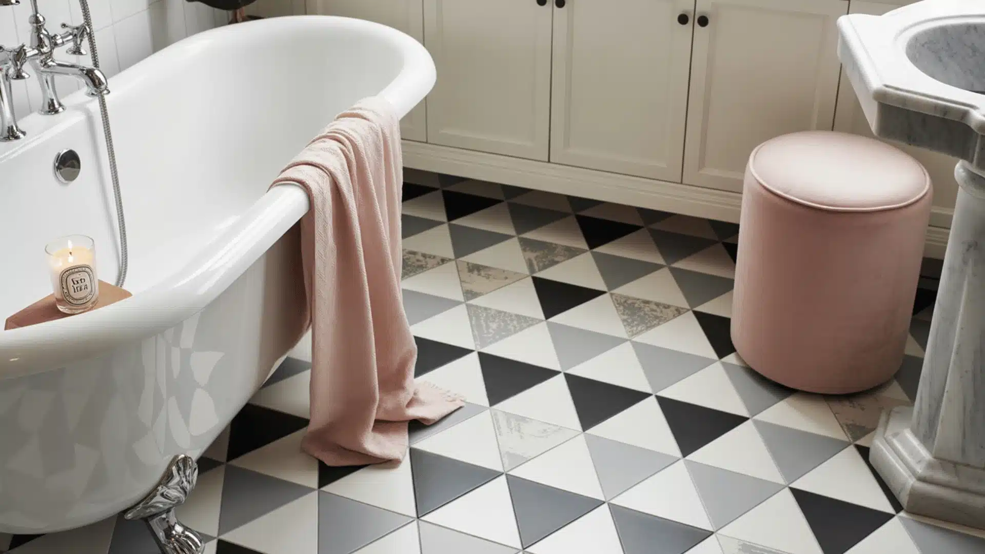 modern bathroom interior with a striking geometric patterned floor featuring black, white, and gray triangular