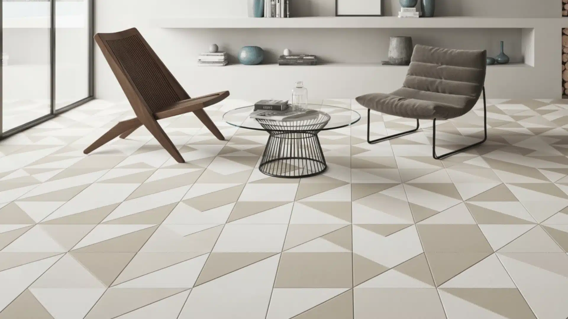 modern interior design photograph featuring a geometric patterned floor tile in beige and white hexagonal shapes