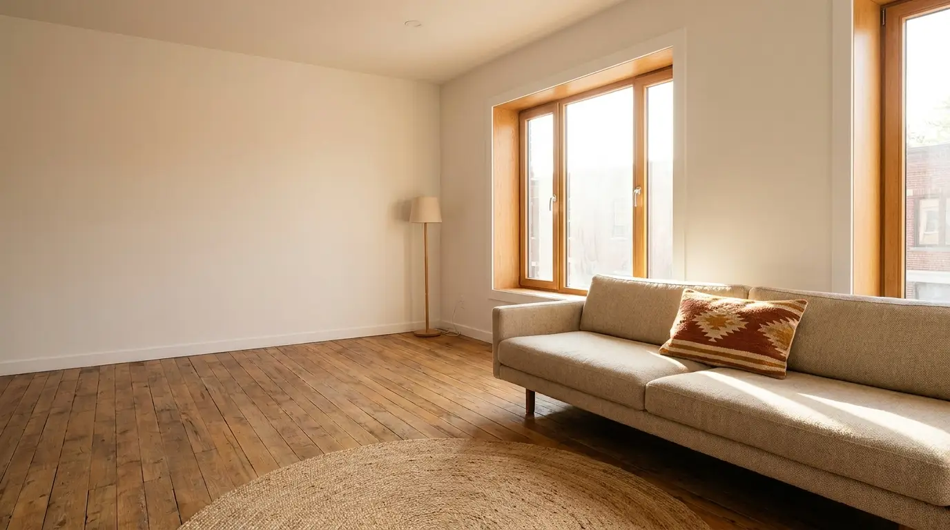 Minimalistic living room with beige sofa, patterned pillow, lamp, and large windows on wooden floor