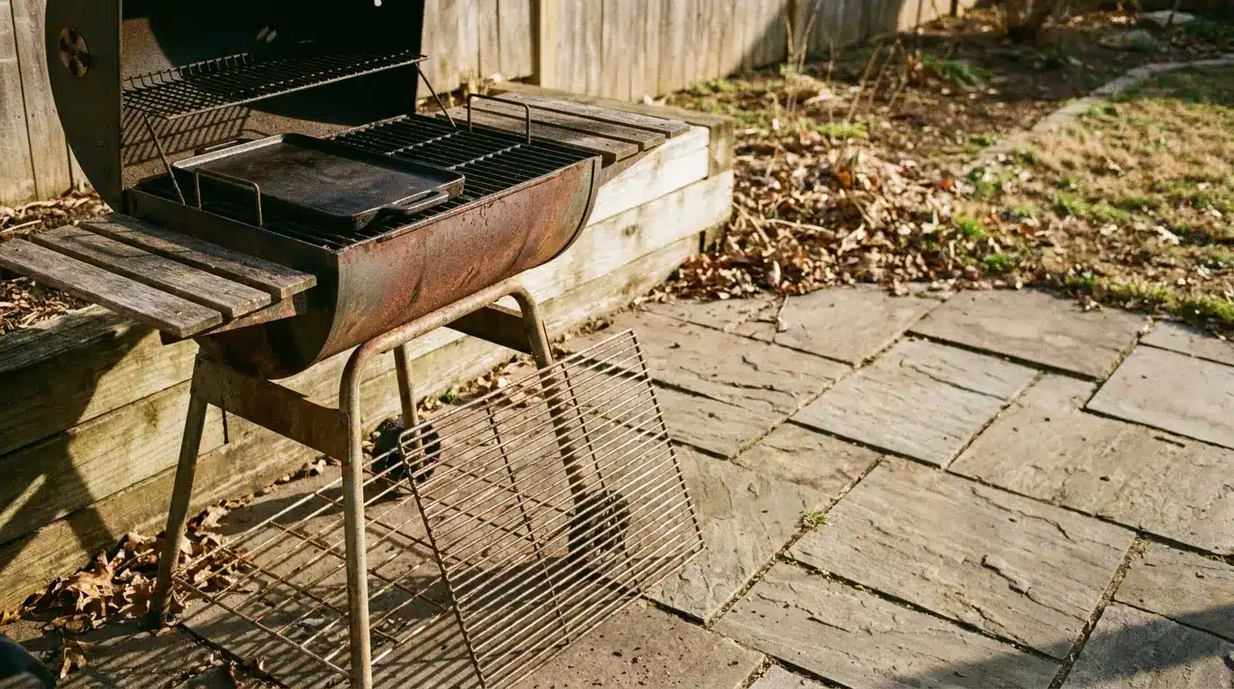 Rustic outdoor charcoal grill with wooden side shelves on stone patio in sunlight