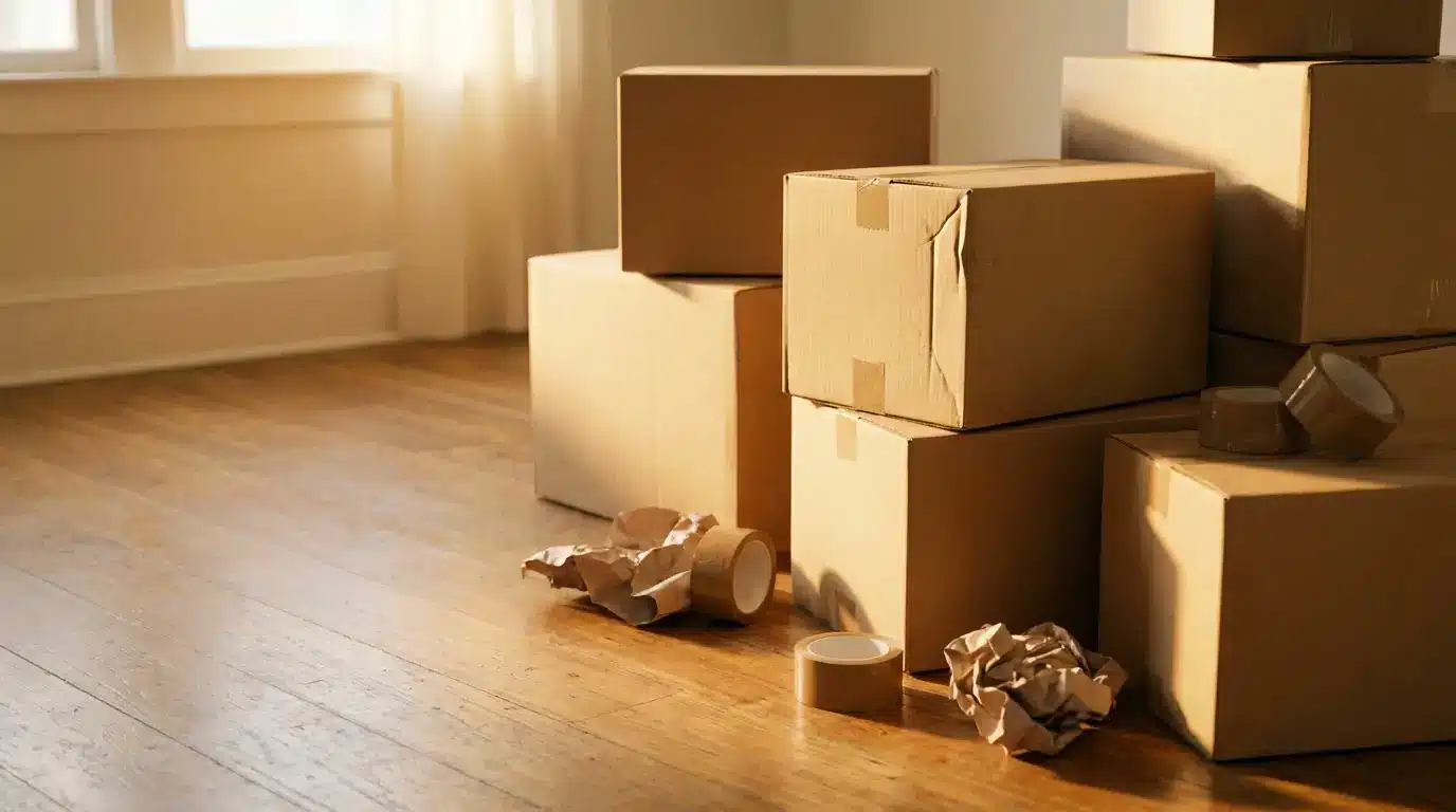 Cardboard boxes and packing materials on wooden floor in brightly lit room