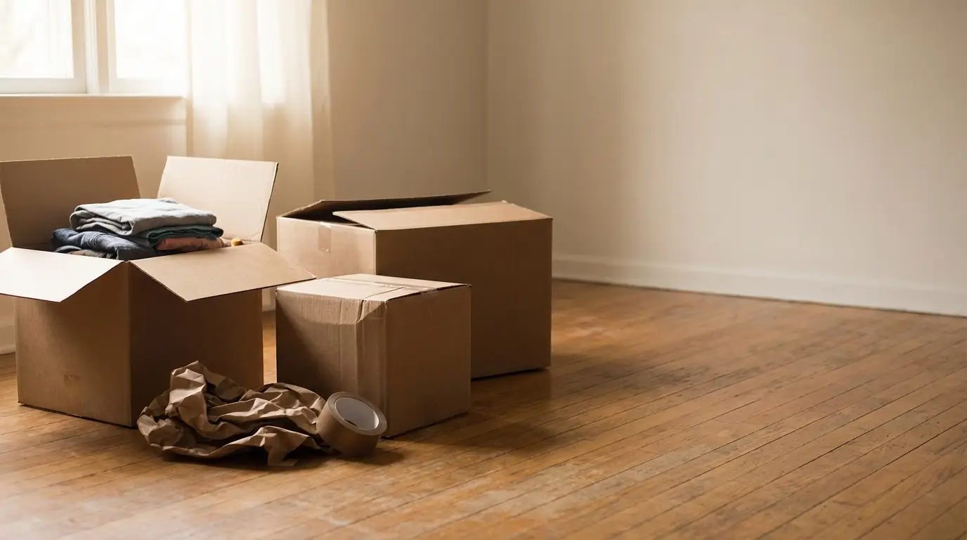Cardboard boxes with clothes and packing materials in sunlit empty room