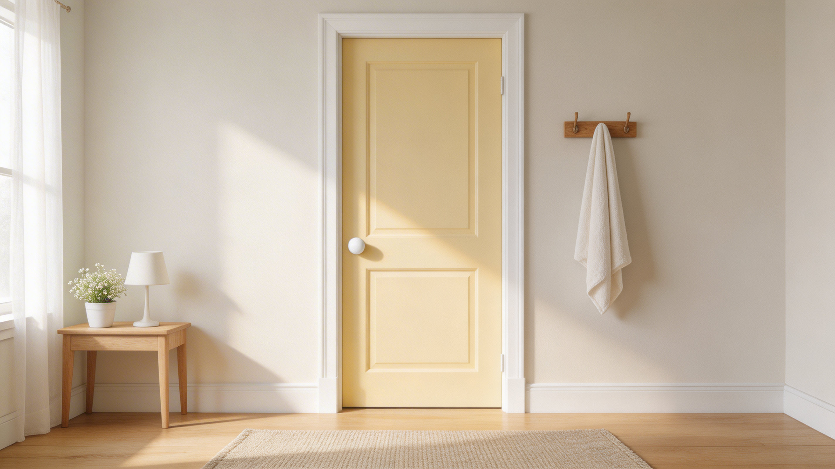 nursery with a buttercream yellow door, natural wood tones, and soft ivory walls, creating a bright, sunny vibe