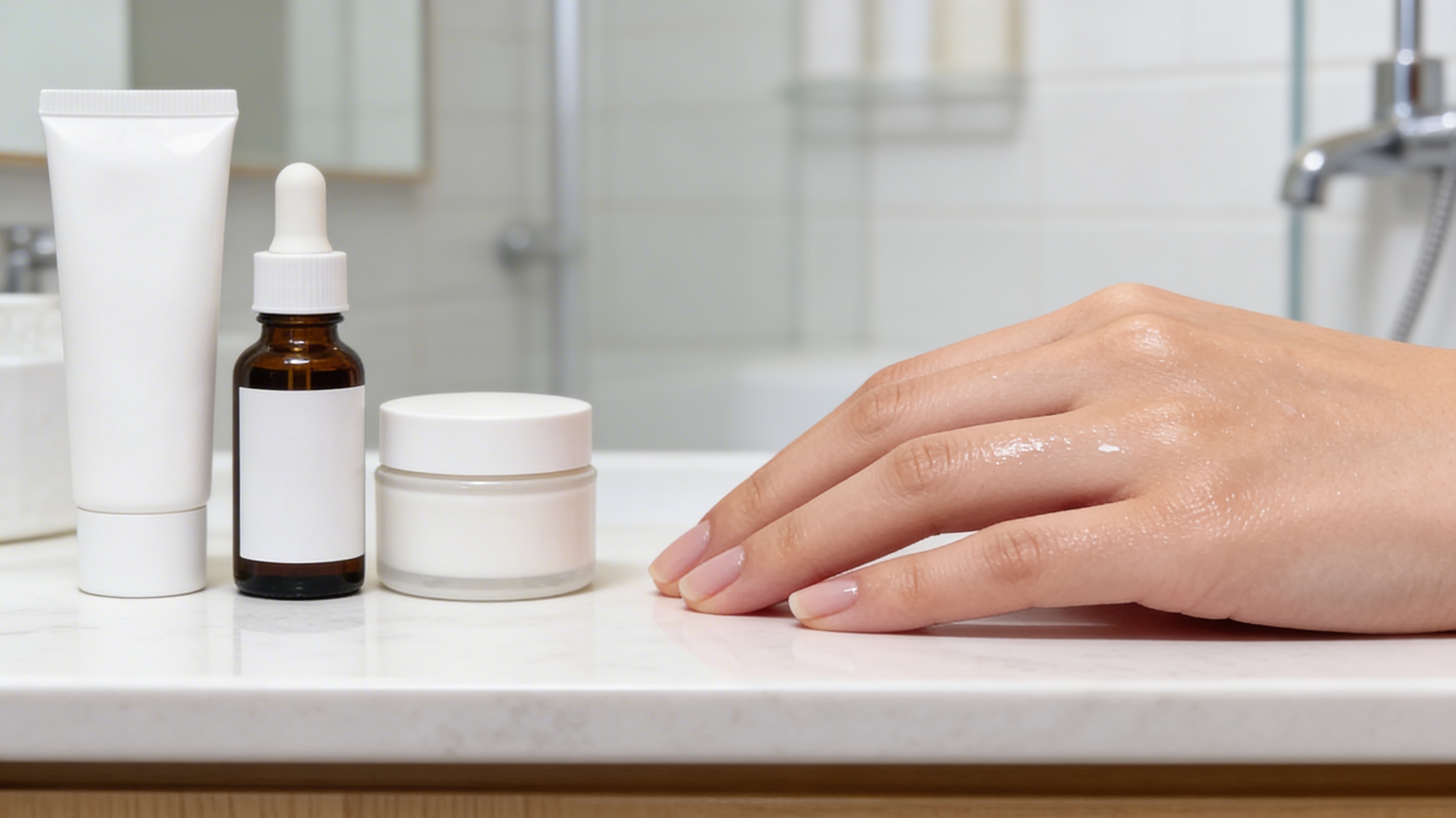 oily skin routine with simple skincare products on bathroom counter
