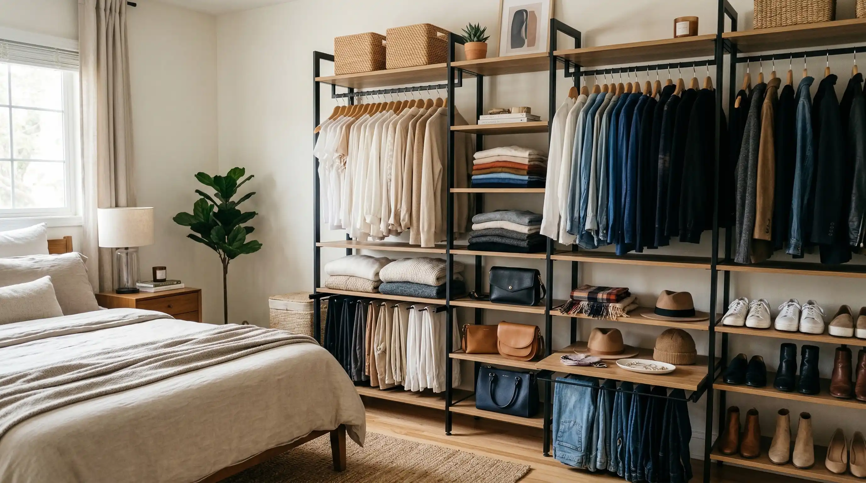 open wardrobe with neatly arranged clothing and accessories, creating a relaxed, editorial vibe in the room