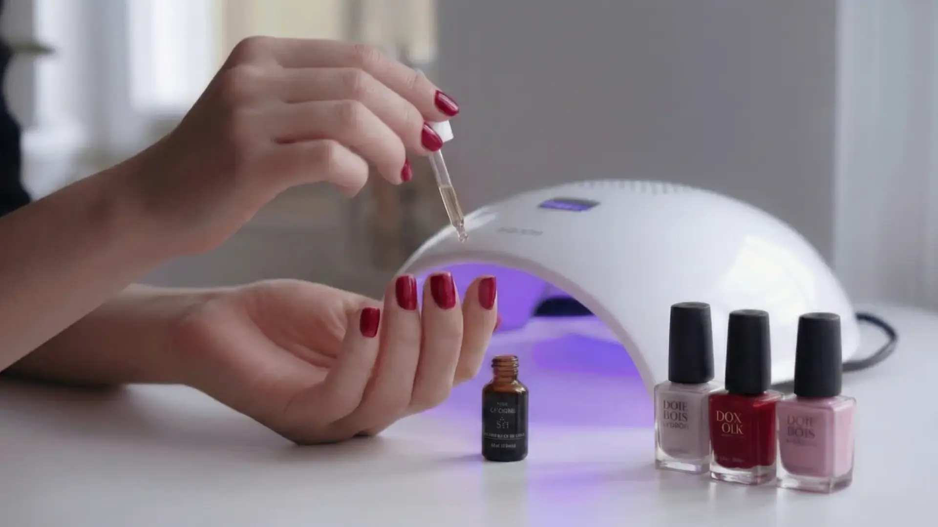 person applies cuticle oil to red-painted nails beside a UV lamp and polish bottles in a bright, modern salon setting