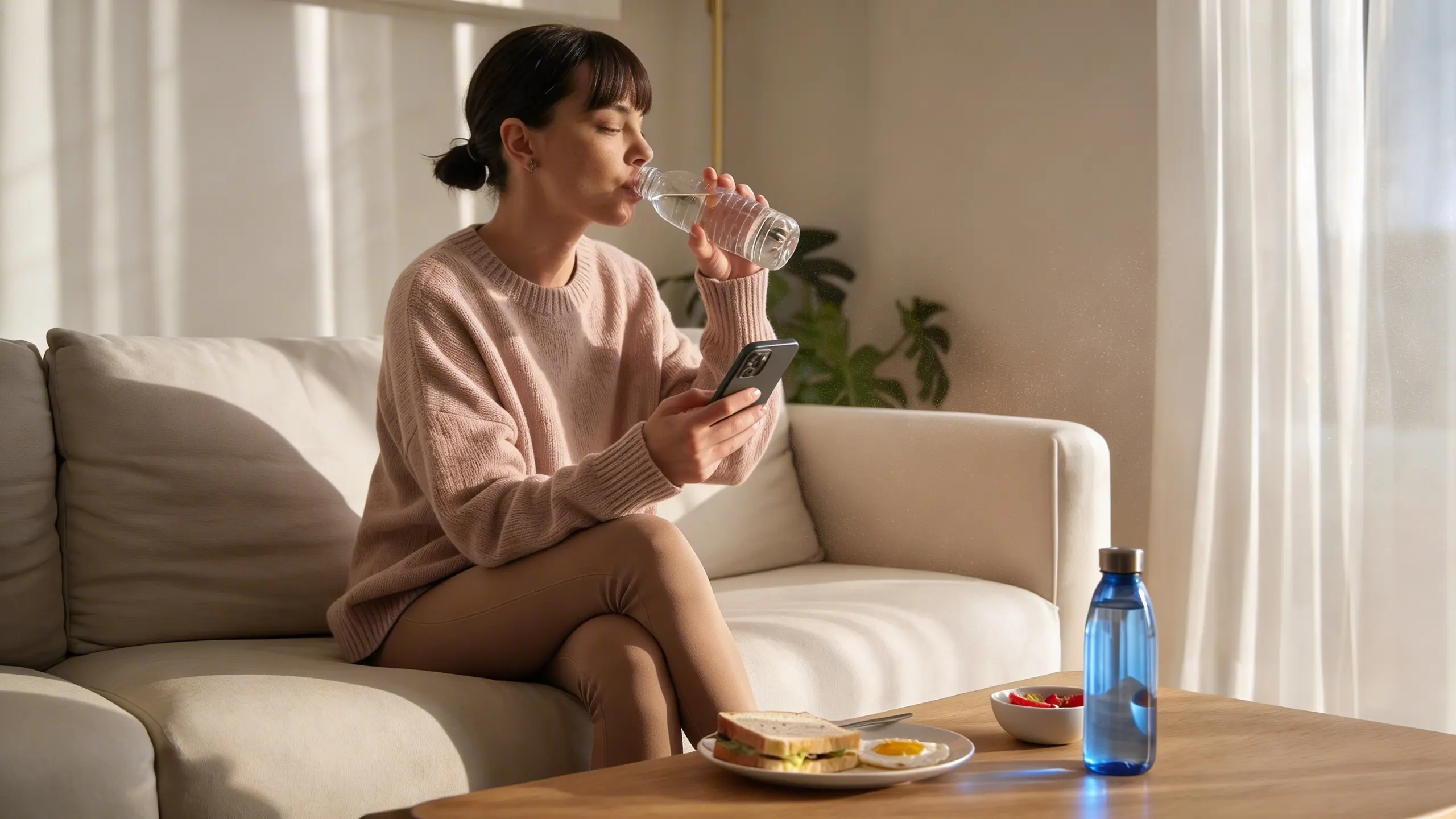 person drinking water and getting ready for spa session in a calm home setting with natural light (1)