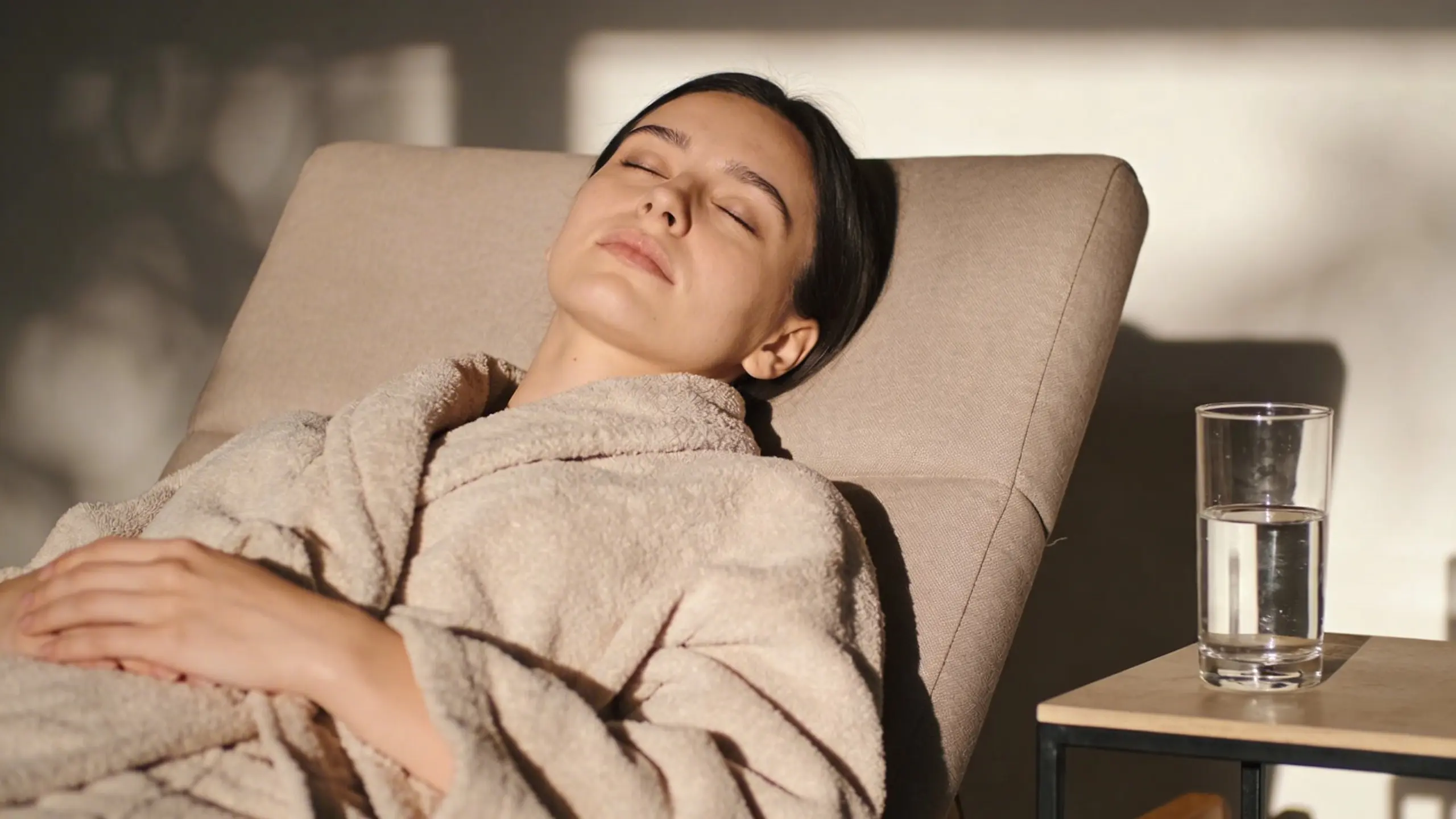 person resting after massage with water nearby in a calm space showing relaxation and recovery