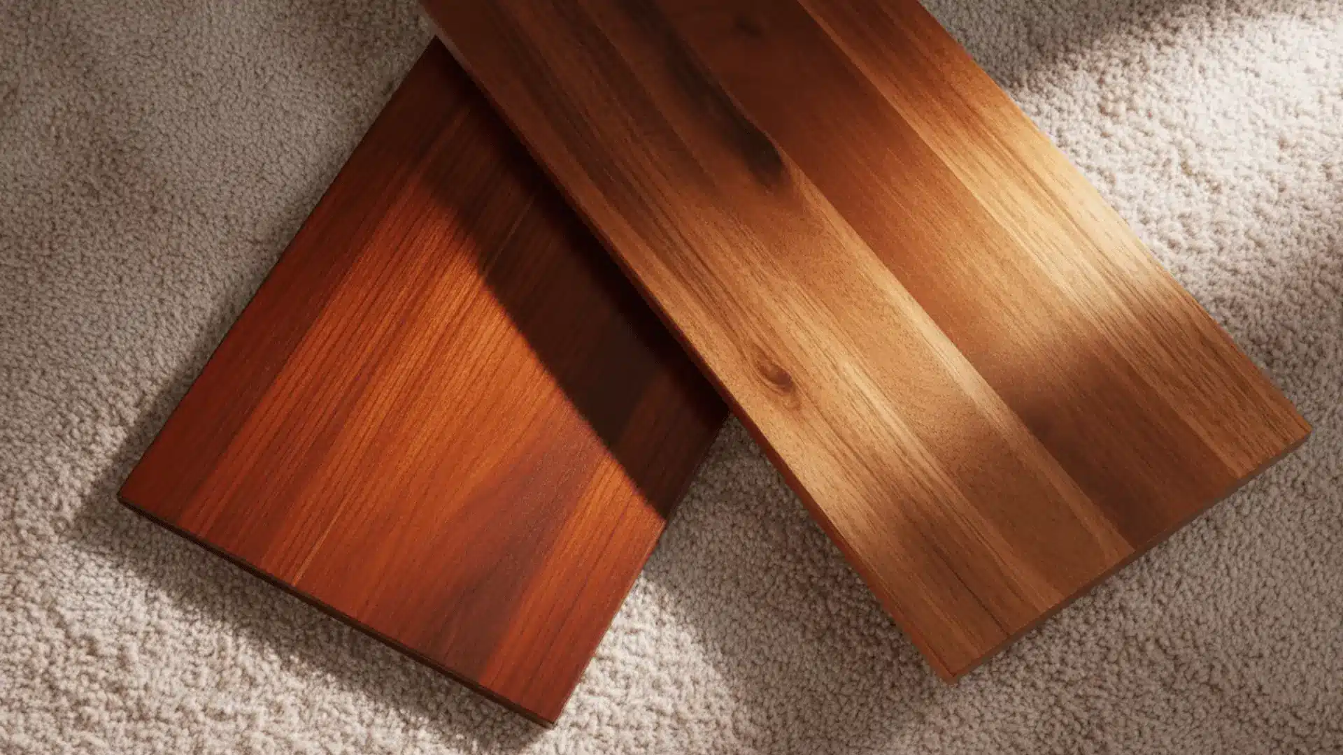 photograph of two wooden floor planks lying on a beige carpeted surface.