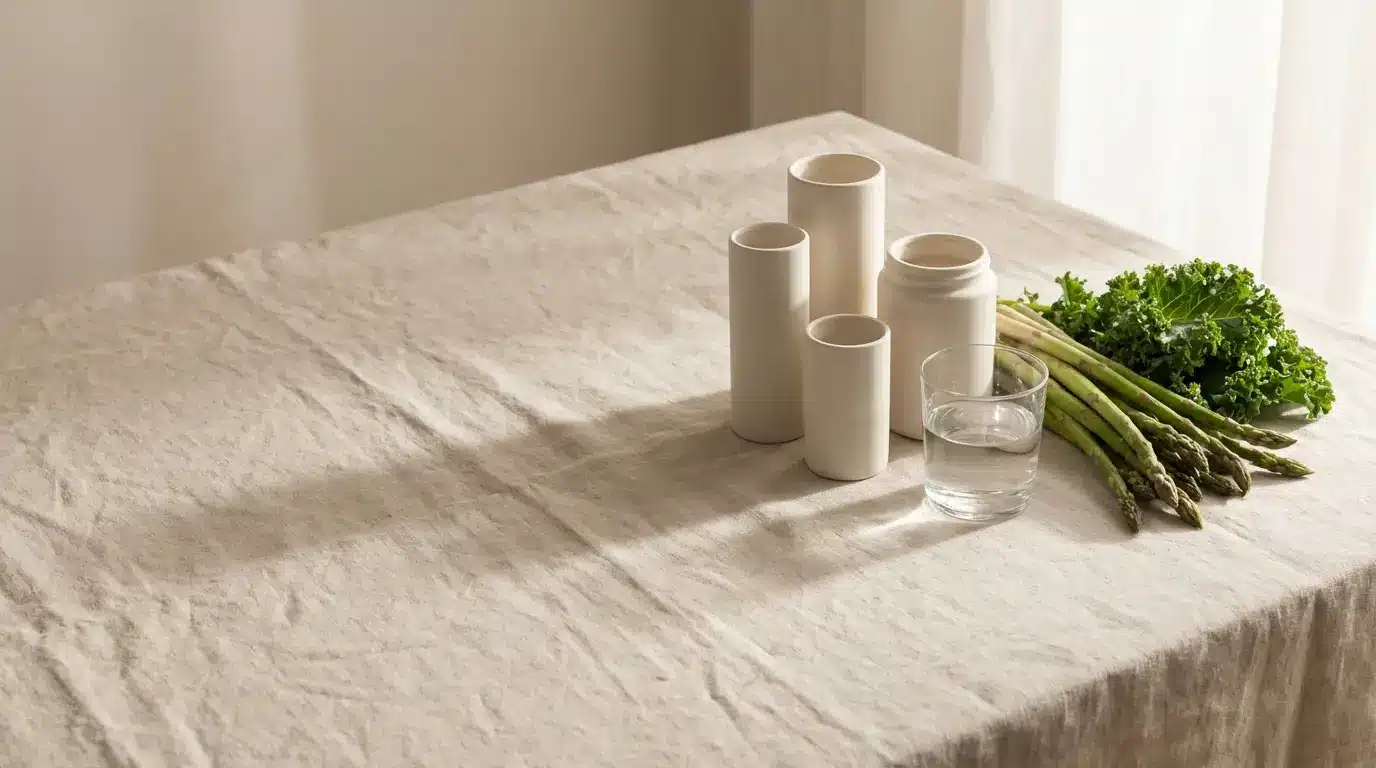 Minimalist table setting with ceramic vases, glass of water, and fresh asparagus on linen tablecloth
