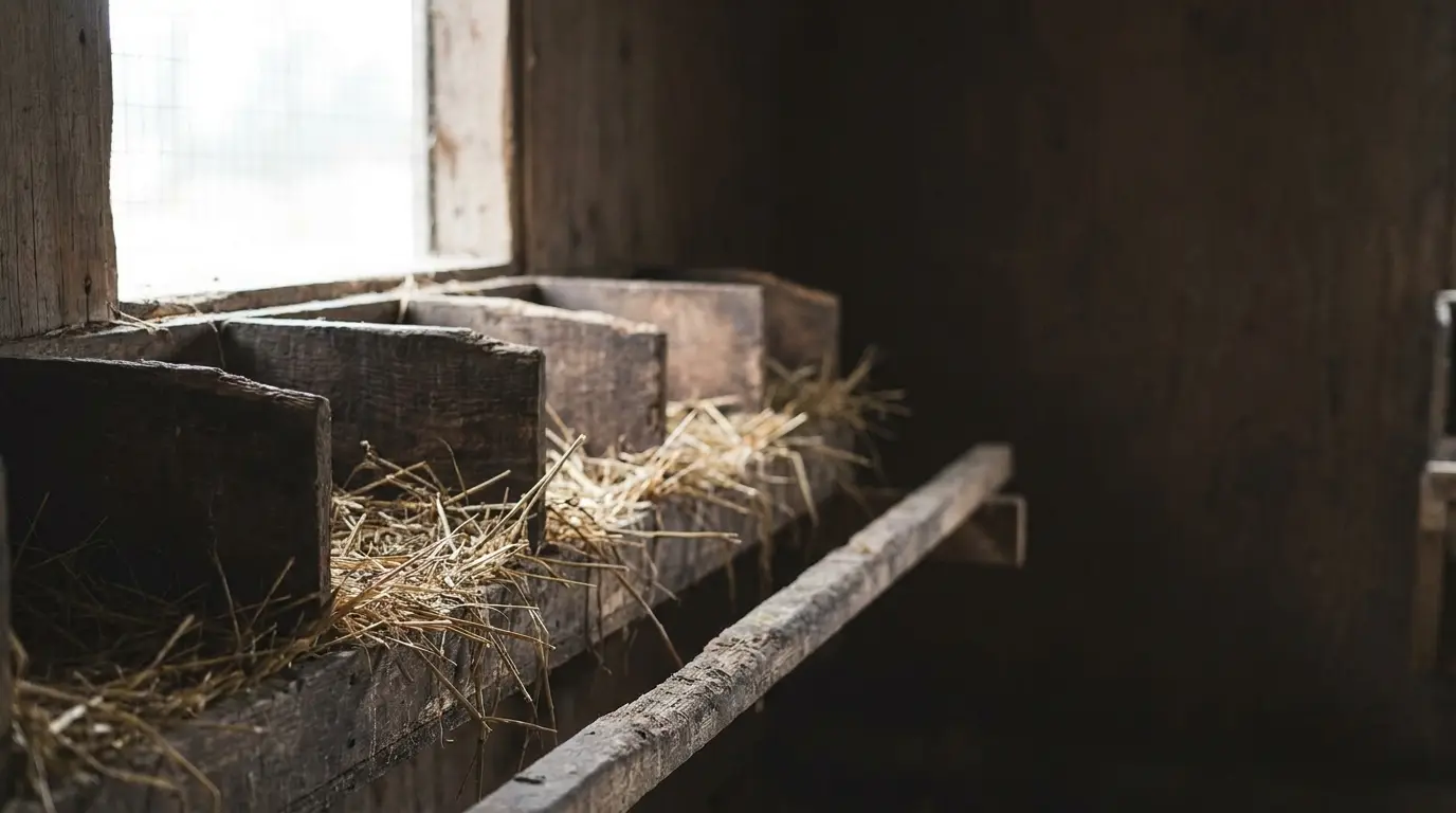 Wooden nesting boxes with straw inside a dimly lit chicken coop