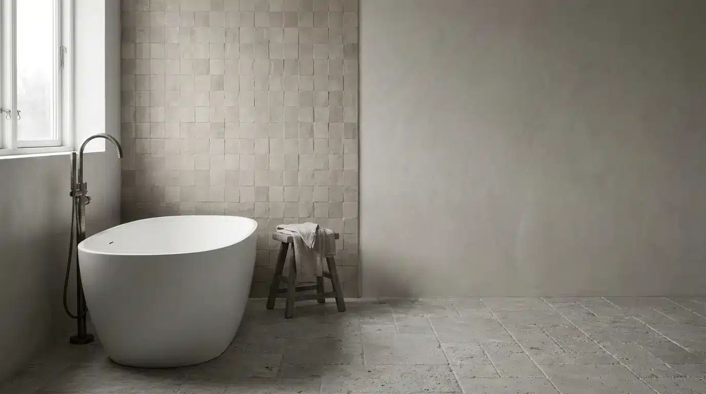 Freestanding white bathtub in minimalist bathroom with textured walls and stone tile flooring