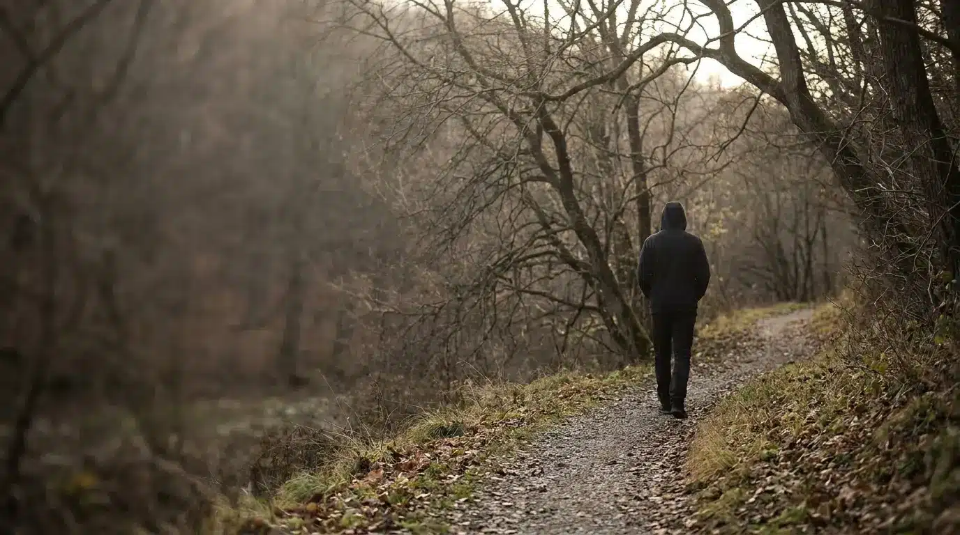Person in hooded jacket walking on a forest path surrounded by bare trees
