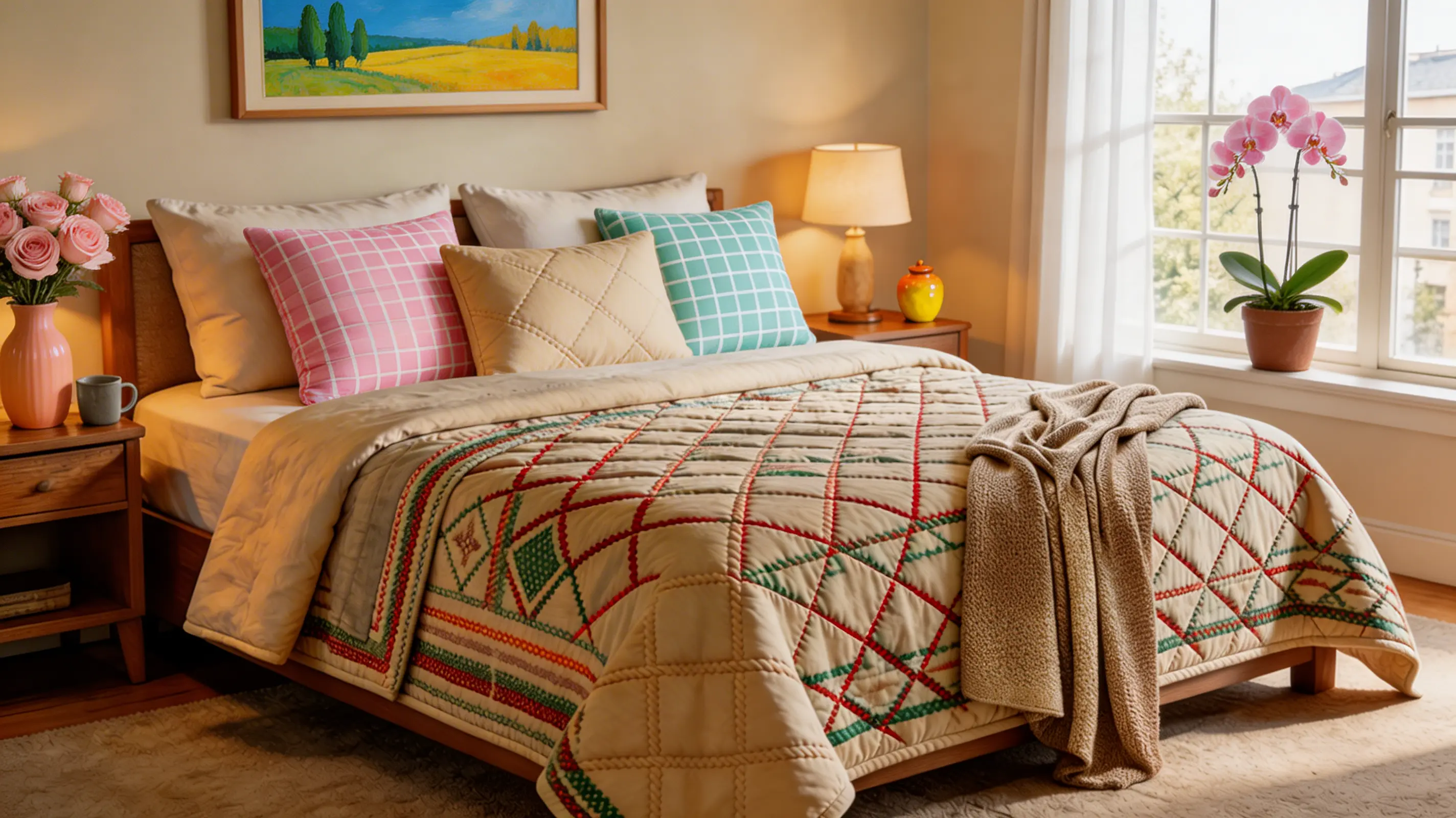 quilted bedspread with stitched detailing, offering a cozy yet refined look with a handcrafted feel