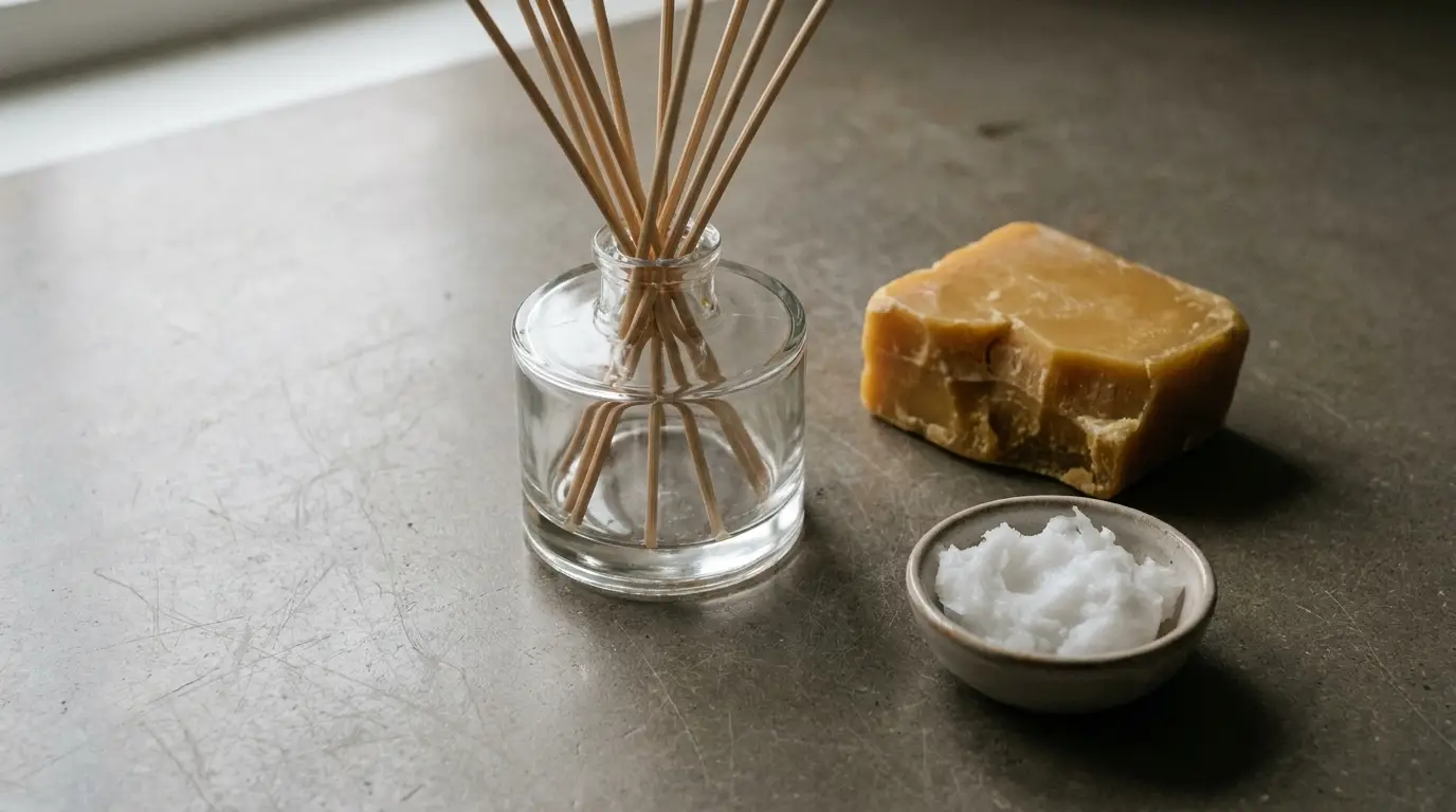 Reed diffuser, beeswax block, and bowl of coconut oil on gray countertop