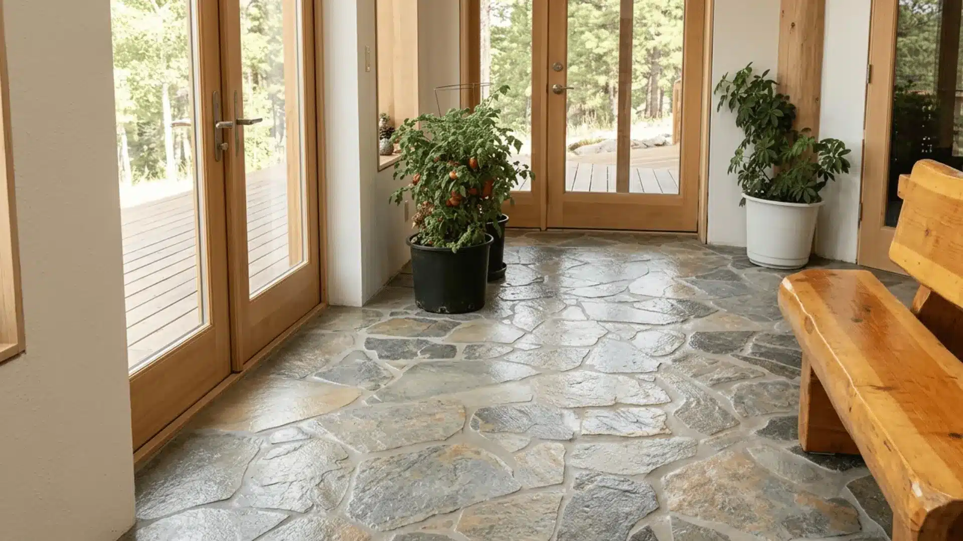 refreshed it with a smoother, slightly warmer-toned polished slate mosaic, while keeping that natural