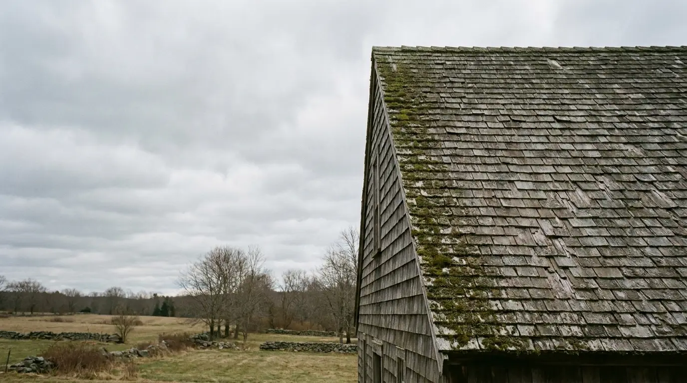 Weathered wooden barn roof with moss in overcast rural landscape
