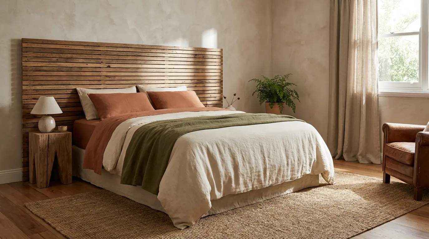 rustic wooden slat headboard bringing warmth and natural texture to a simple bedroom design
