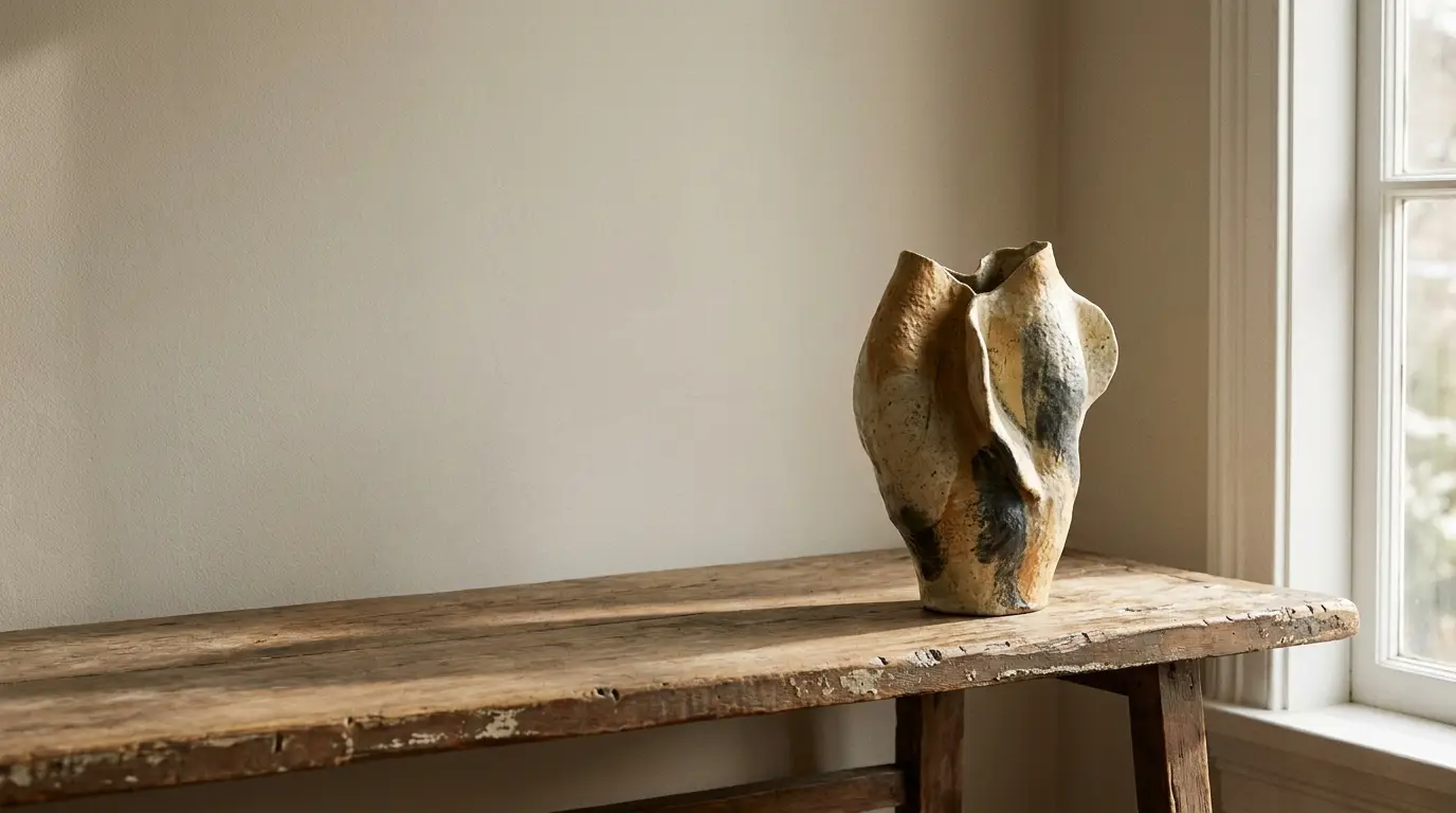 Rustic ceramic vase on distressed wooden table in sunlit room