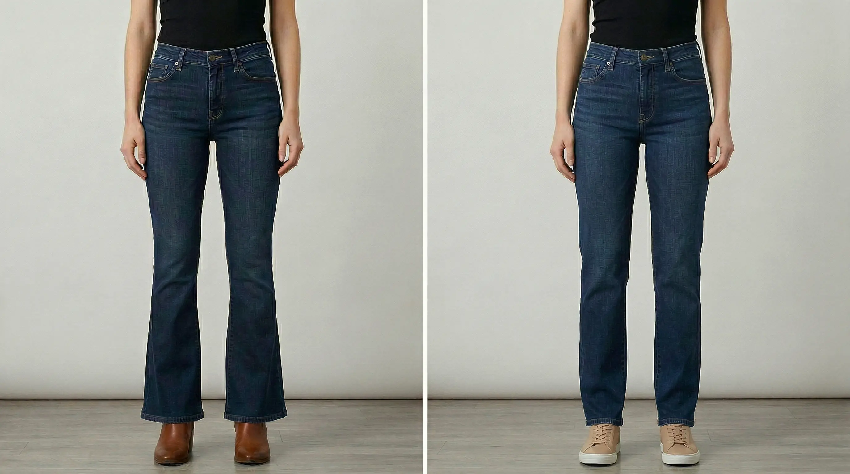 side-by-side comparison of bootcut and straight jeans highlighting fit differences (1)