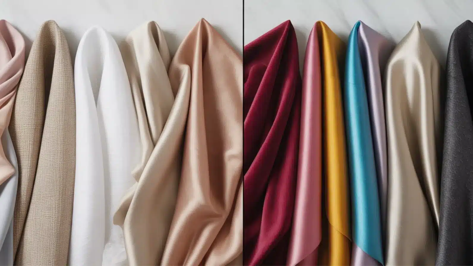 side by side display of neutral and bold colored fabric swatches in satin, linen, and smooth textured materials