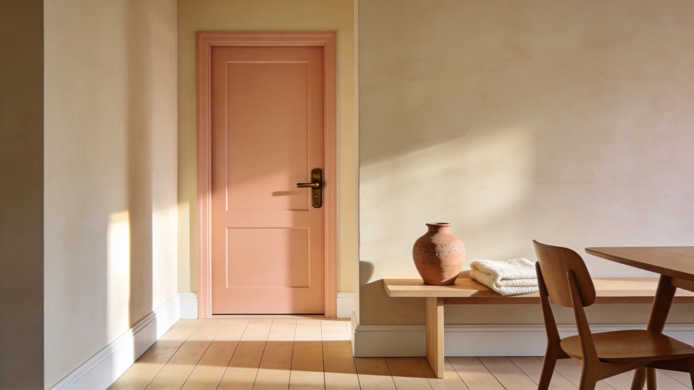 soft peach interior door in a warm hallway with light wood and creamy walls, creating a welcoming home feel