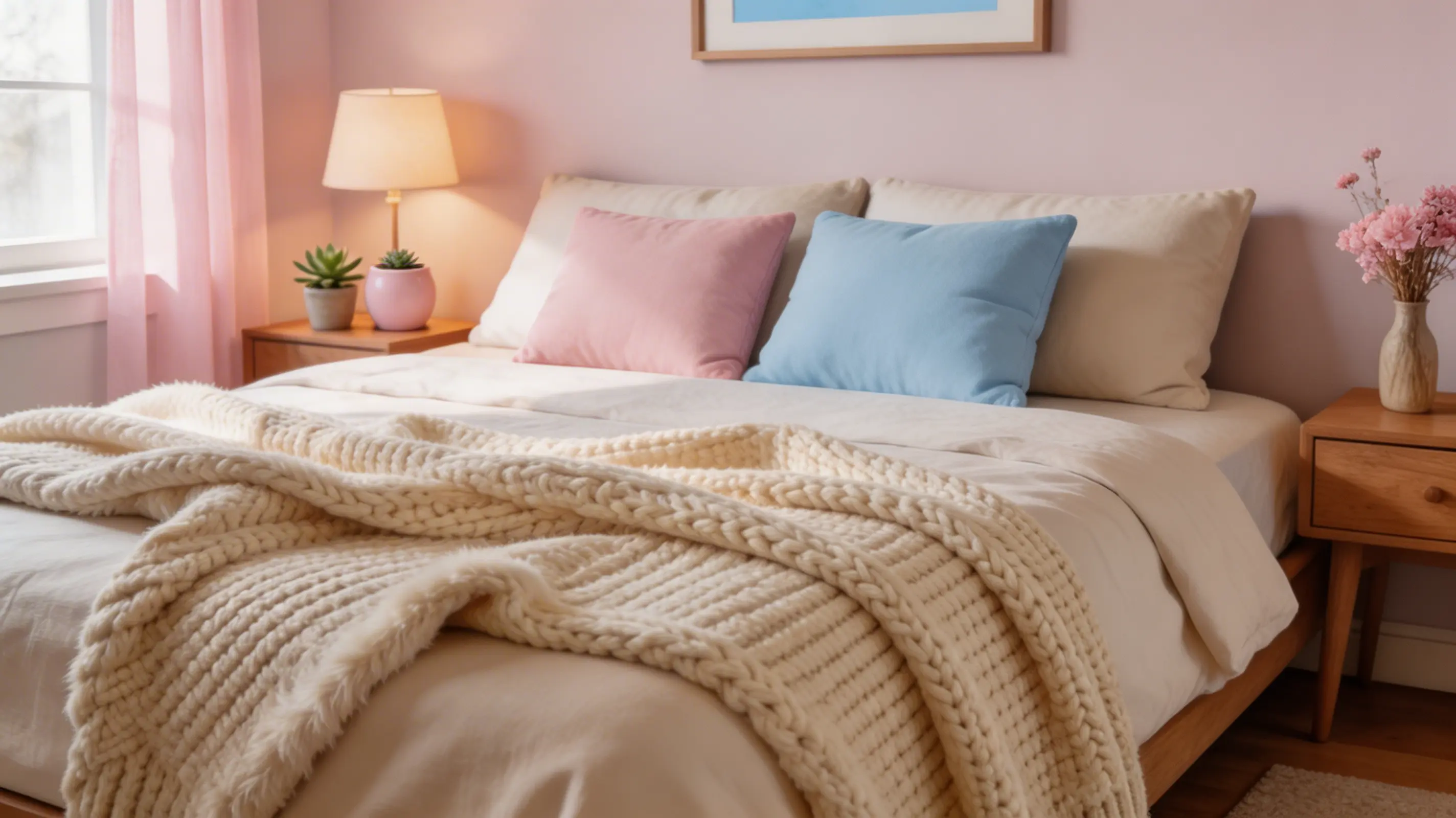 softly draped throw on the bed, adding texture and warmth with materials like chunky knit or faux fur