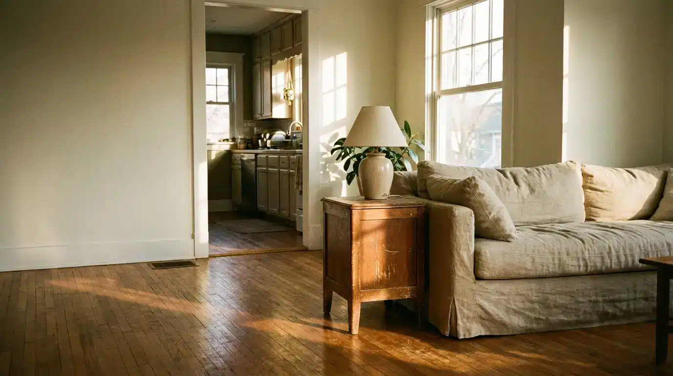 Cozy living room with beige sofa, wooden side table, and sunlit wooden floor