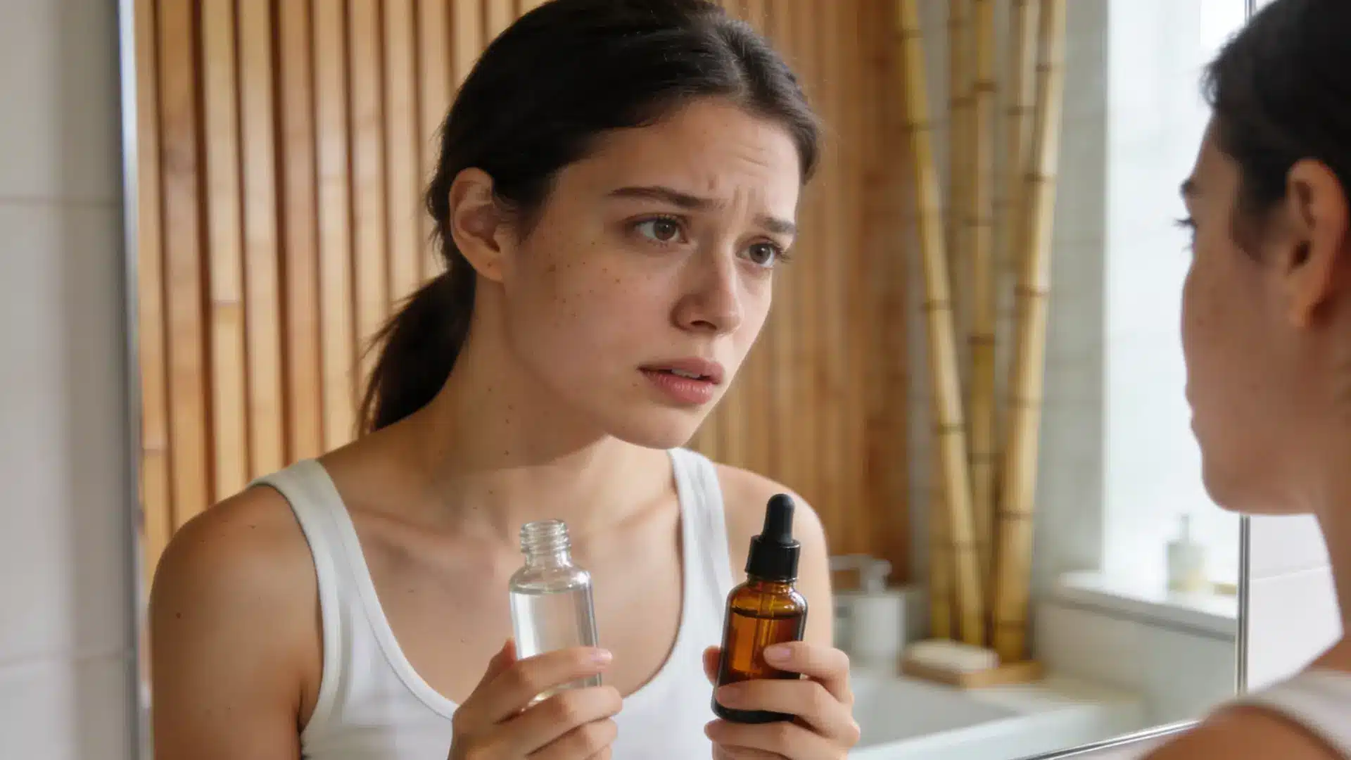 the omen getting worried about her skin with glycolic acid and retinol in handd