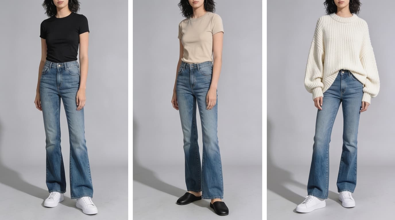 three casual outfits with bootcut jeans,fitted tee, basic top, and oversized knit sweater