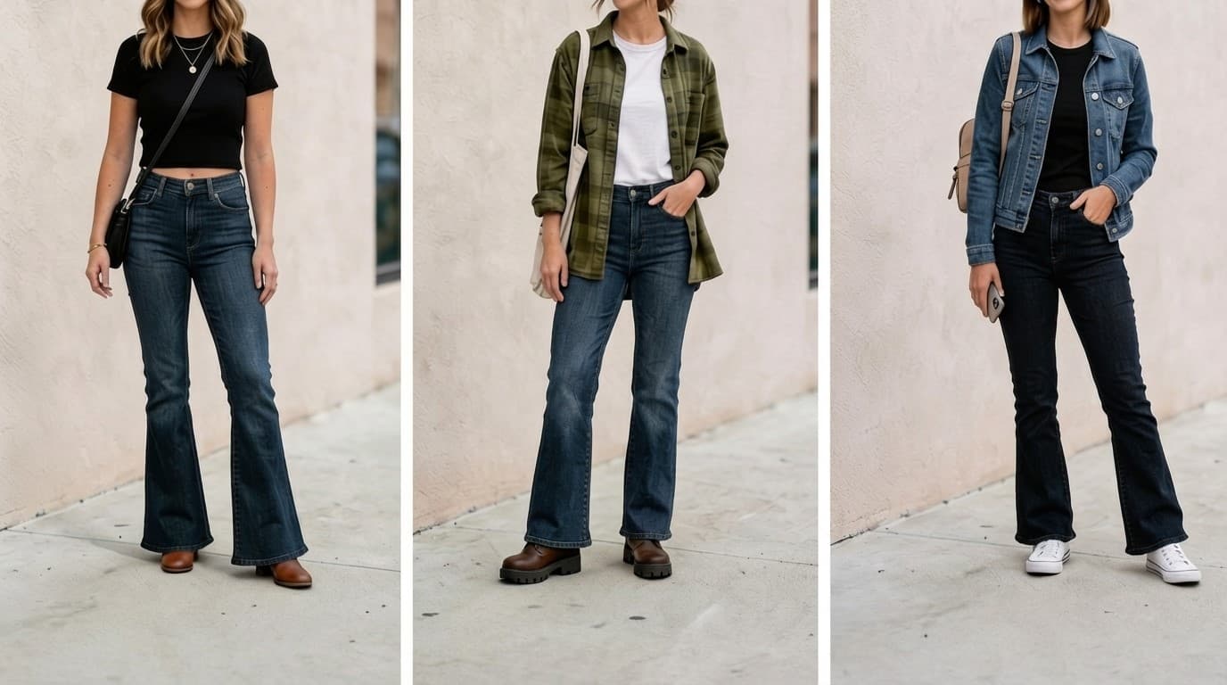 three casual weekend looks featuring bootcut jeans, cropped top, overshirt, denim jacket (1)