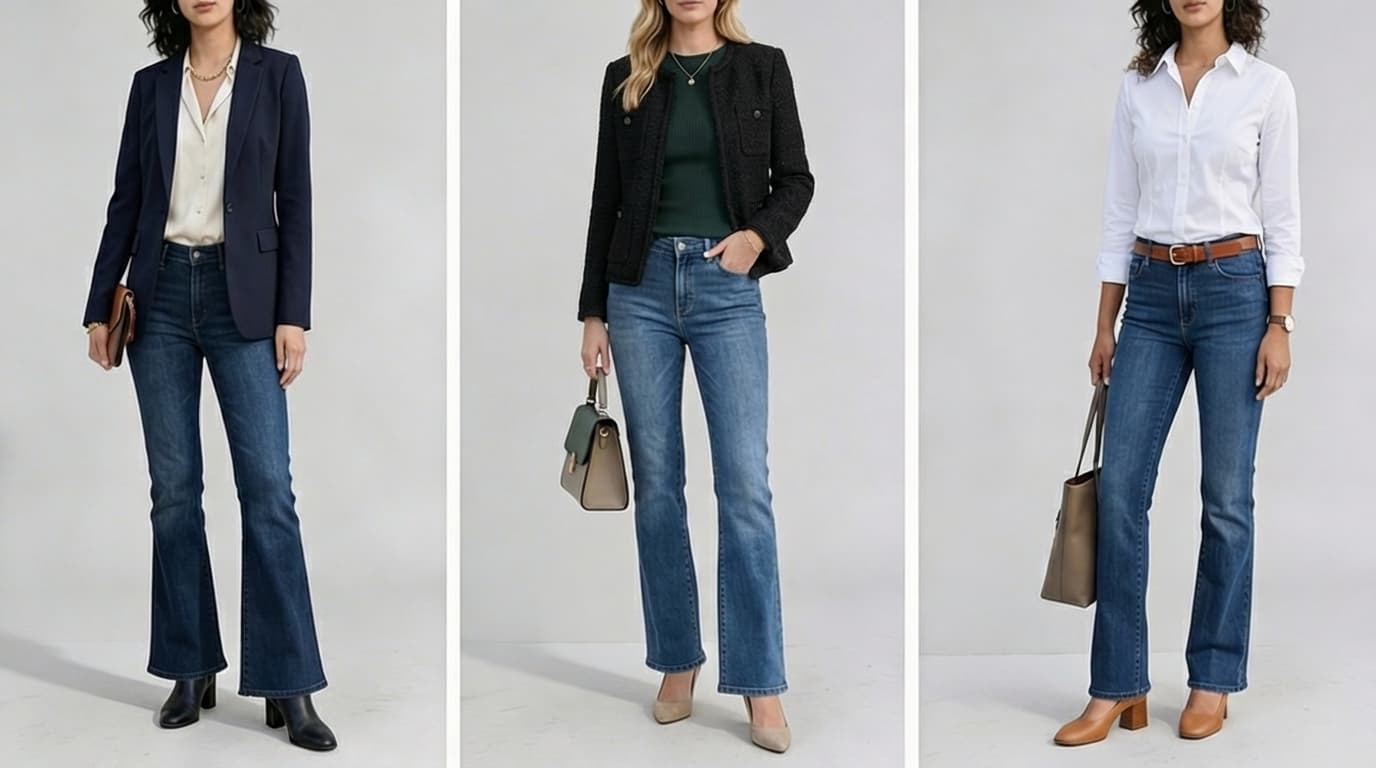 three smart outfits with bootcut jeans, blazer, knit sweater, and button-down shirt (1)