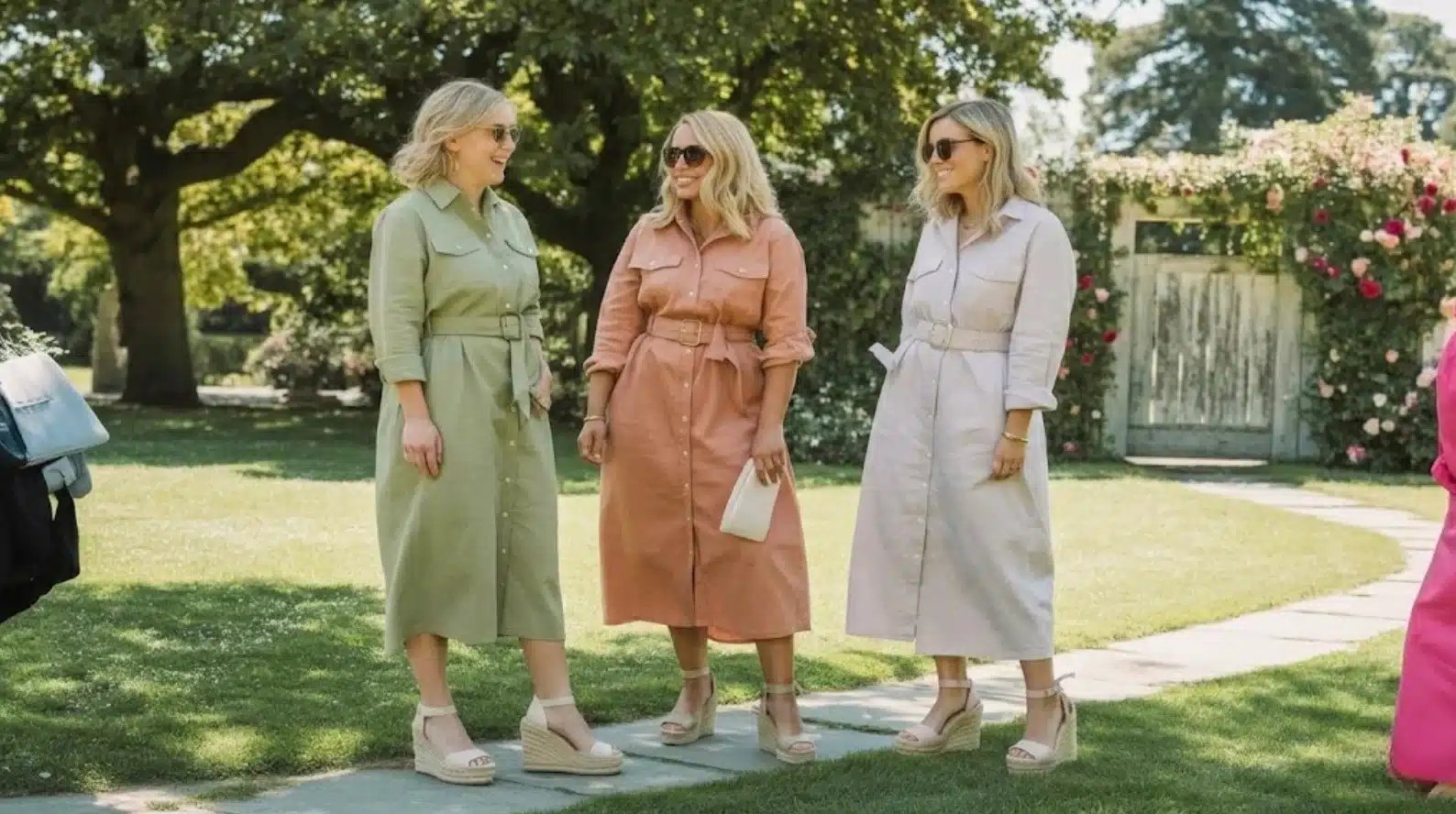 three women in belted shirt dresses and wedges chatting in sunny garden with roses and wooden gate backdrop