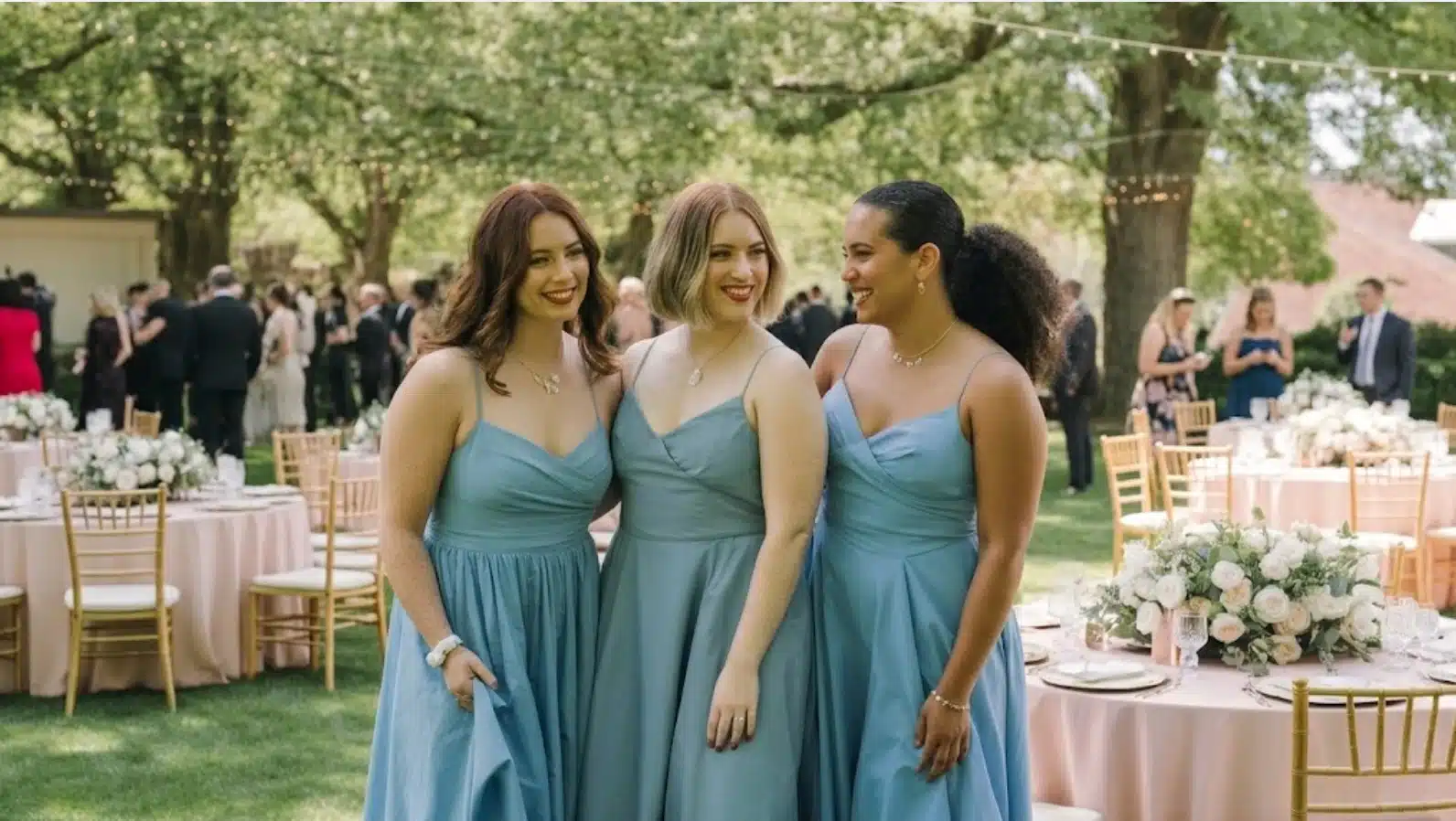 three women in blue dresses smiling at outdoor garden wedding reception with tables, flowers, and guests in background