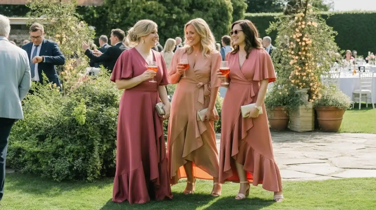 three women in rose-toned dresses holding drinks at outdoor garden wedding reception with guests and greenery behind