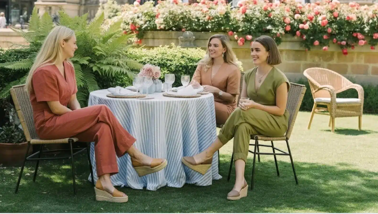 three women seated at striped table outdoors, chatting in garden with roses and greenery
