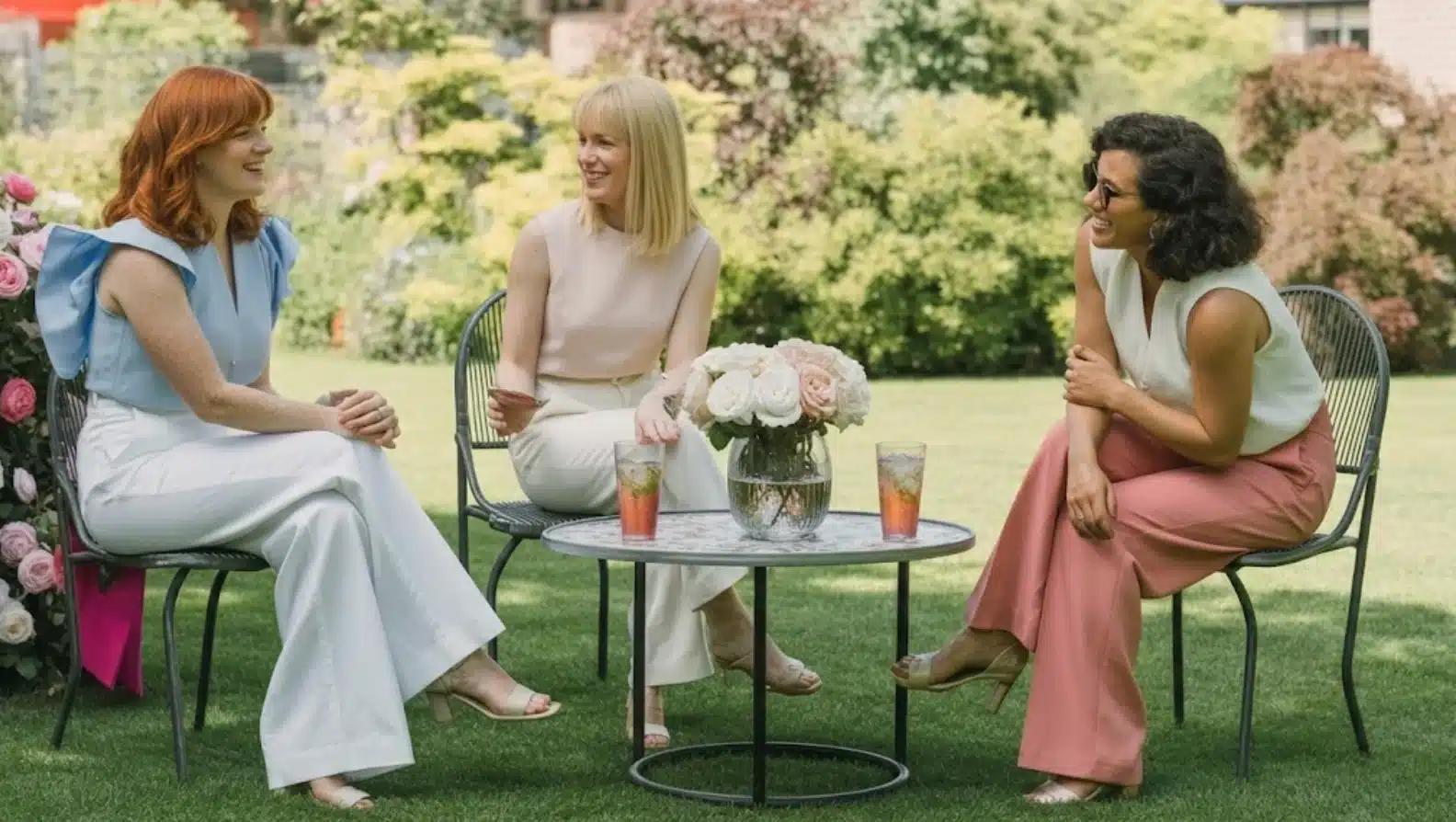 three women sitting outdoors chatting around small table with flowers and drinks in sunny garden setting