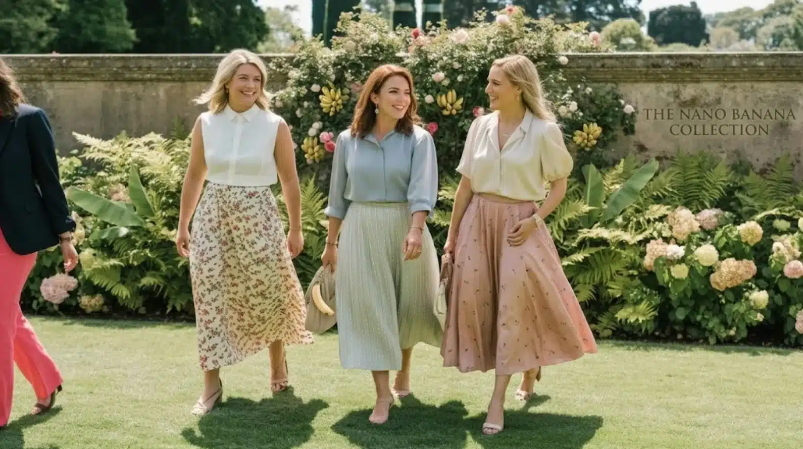 three women walking through garden in floral skirts and blouses, holding handbags, smiling at outdoor summer event