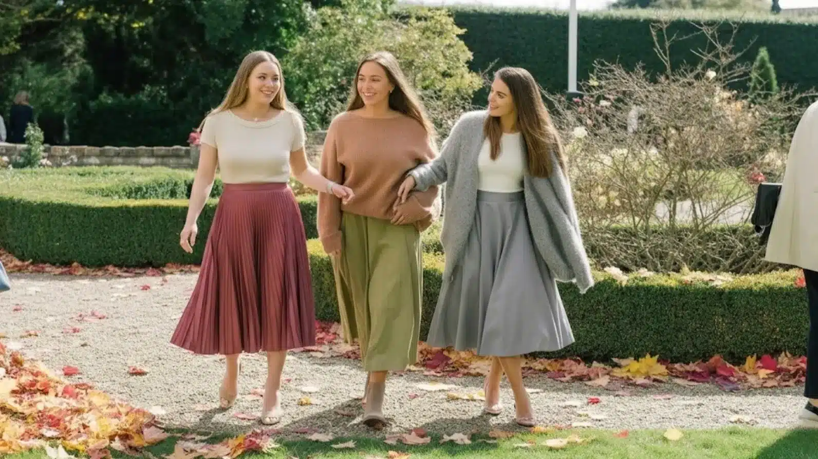 three women walking through garden in midi skirts and sweaters with autumn leaves on ground