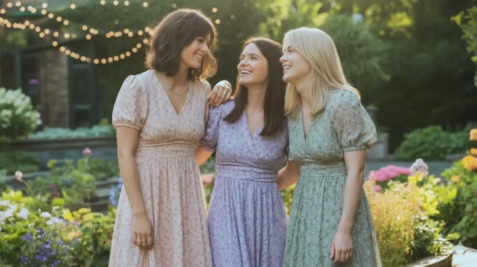 three women wearing pastel floral dresses smiling together at outdoor garden party with string lights and flowers
