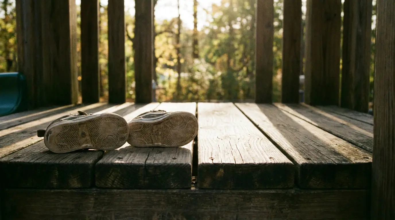 Worn children's shoes on wooden deck with sunlight filtering through trees