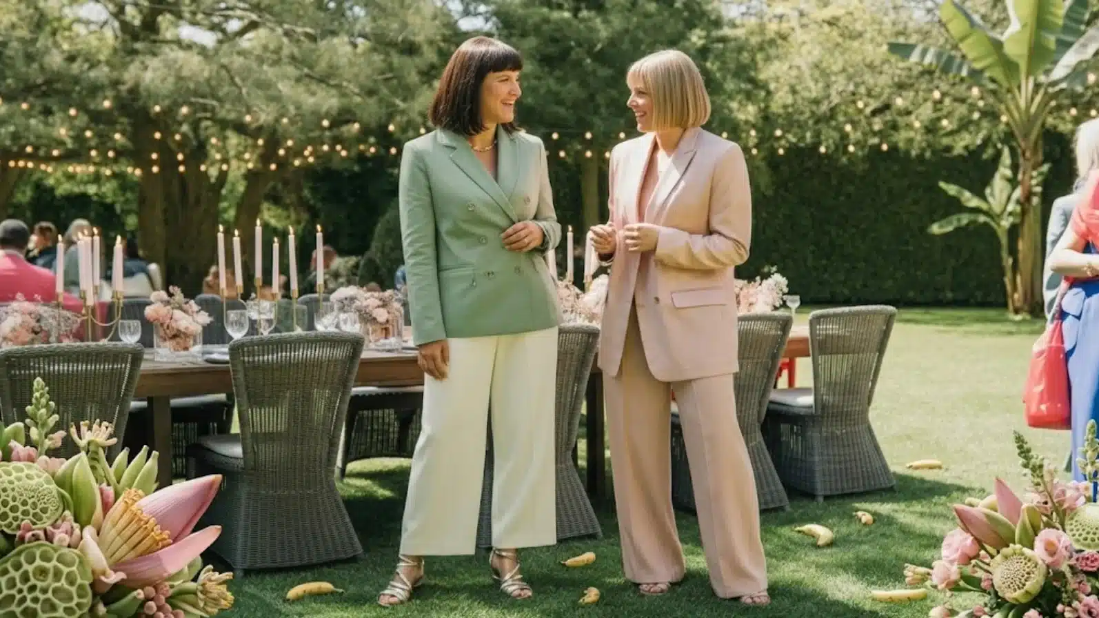 two women in pastel suits chatting beside decorated outdoor garden table with candles, flowers, and greenery