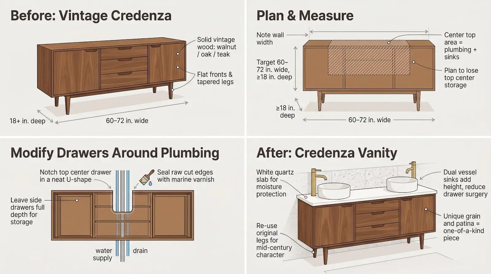 Diagram showing conversion of vintage credenza into modern bathroom vanity with vessel sinks and plumbing adjustments
