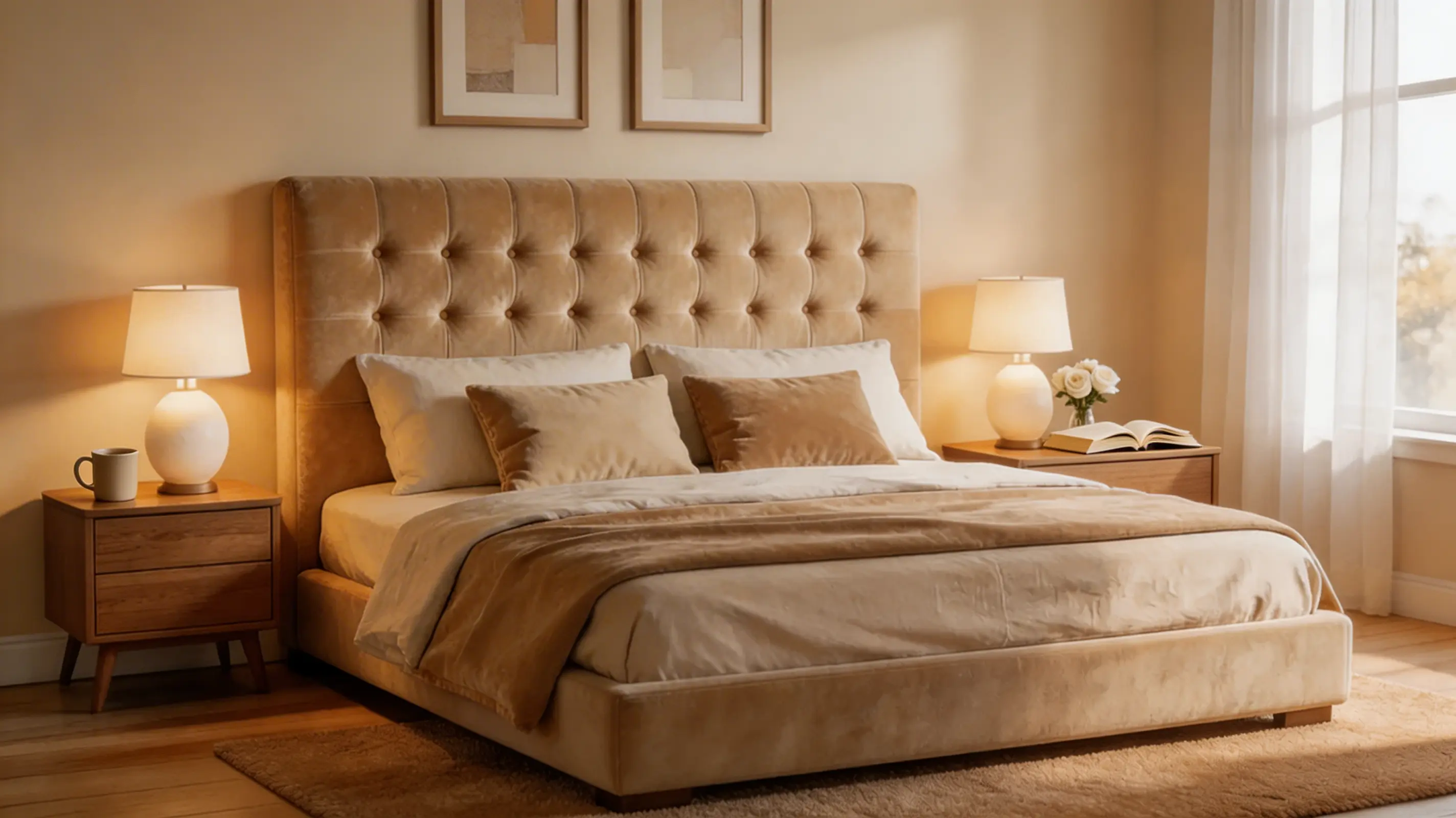 velvet or linen upholstered headboard adding warmth and character to a cozy bedroom setting