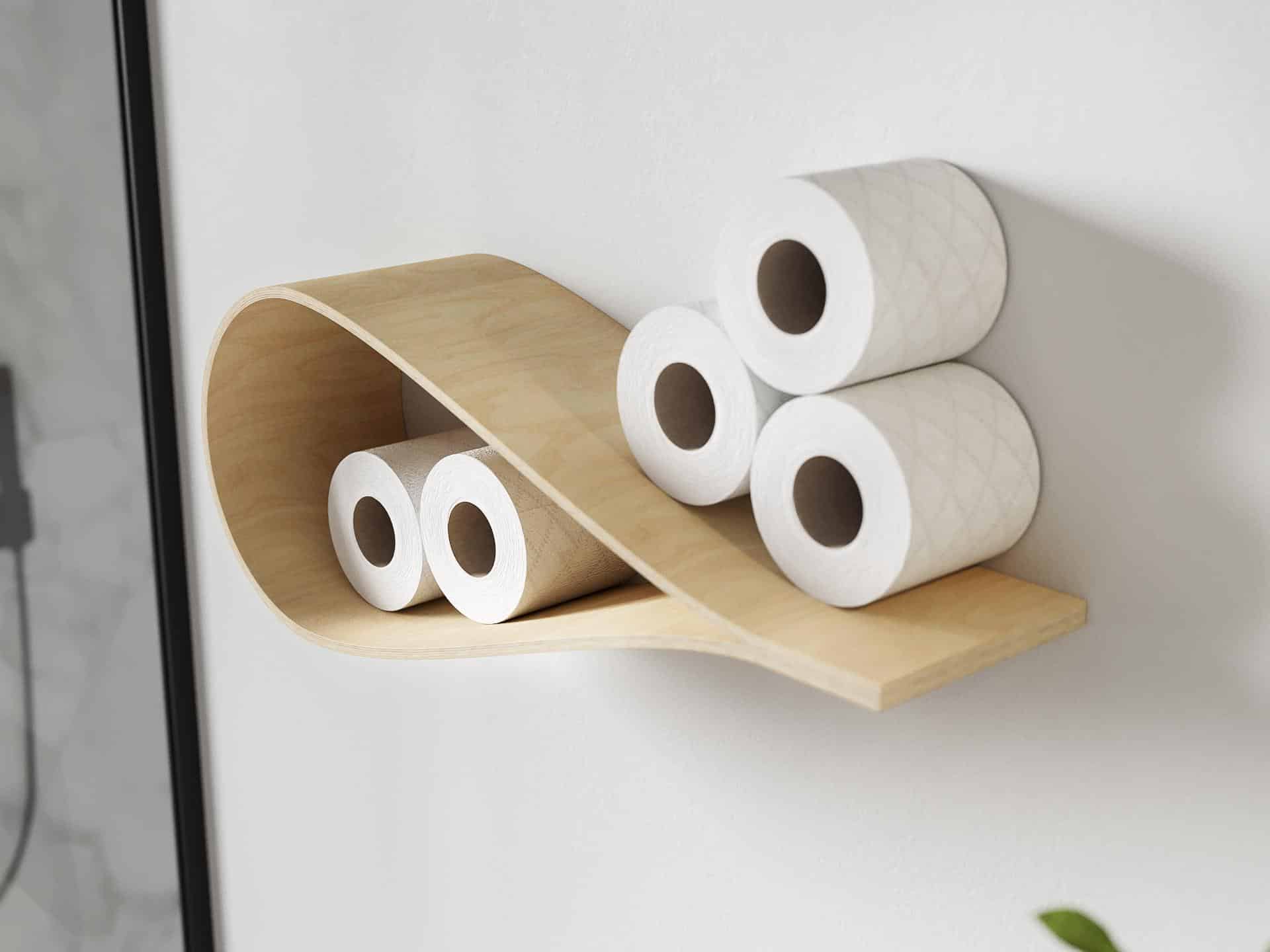 wall mounted wooden toilet paper holder in a shape of a drop with tp rolls inside