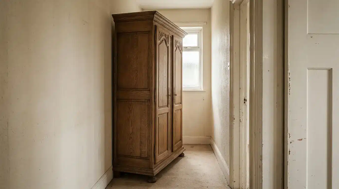 Wooden wardrobe in narrow hallway with beige walls and carpet under dim lighting