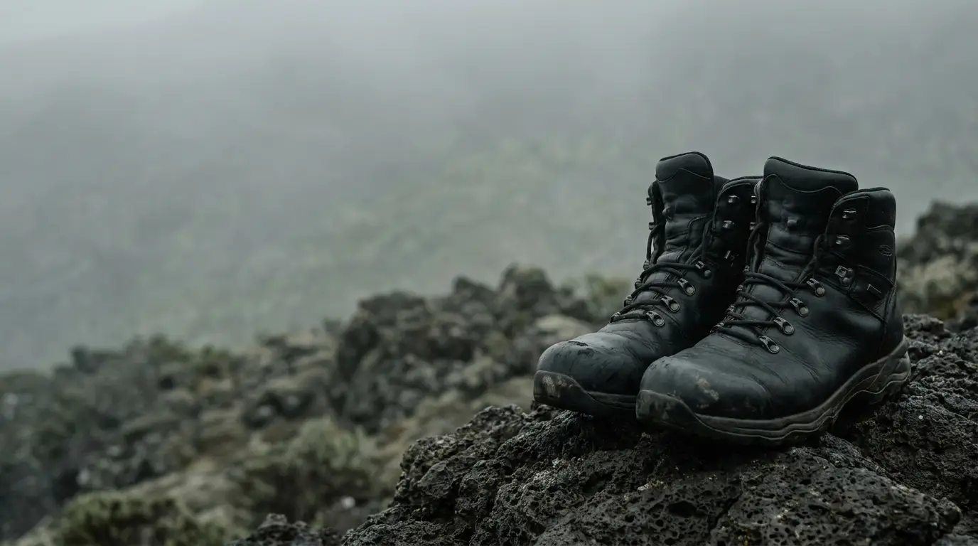 Worn black hiking boots resting on rocky terrain in foggy mountain landscape