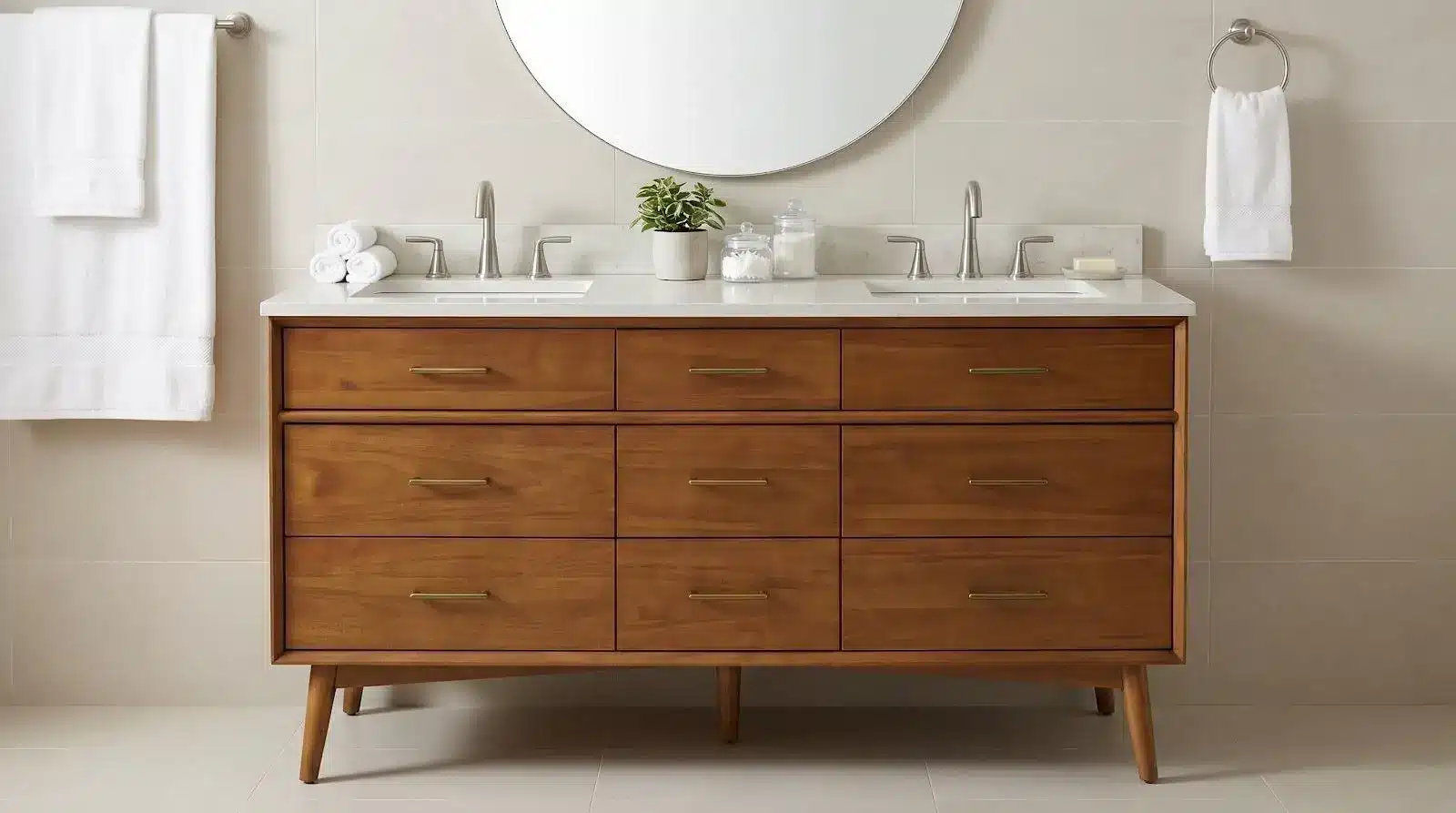 Mid-century modern bathroom vanity with double sinks and round mirror against beige tile wall