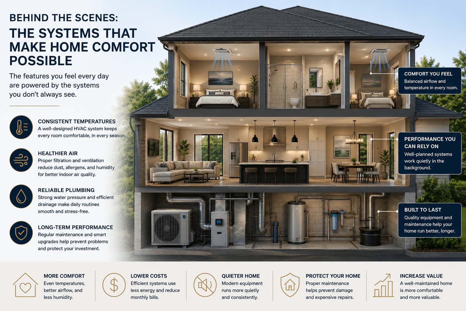 Cutaway illustration showing HVAC airflow and plumbing systems that support home comfort